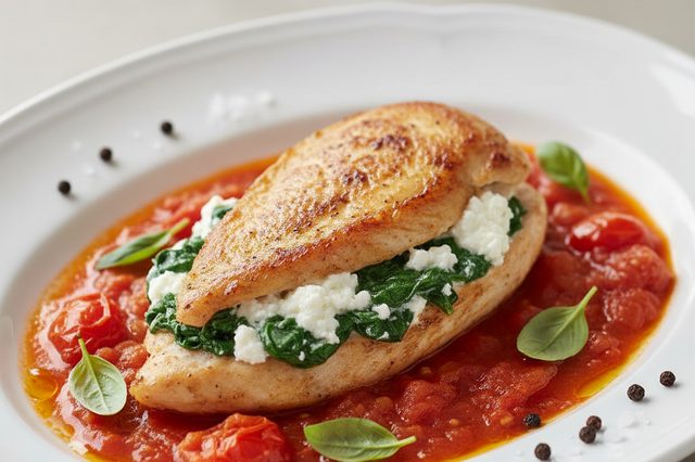 Frango recheado de ricota e espinafre ao tomate