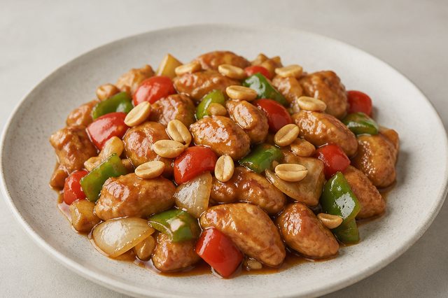 Frango xadrez com pimentões e amendoim