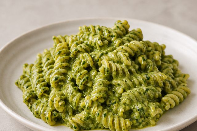 Fusilli com molho de folhas verdes e castanha-de-caju