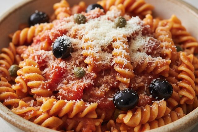 Fusilli com tomate azeitonas e alcaparras em uma panela