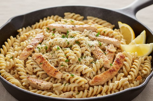 Fusilli cremoso de frango em uma panela