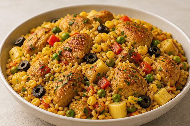Galinhada com coxa, sobrecoxa e arroz