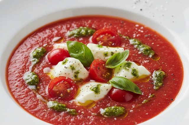 Gaspacho caprese com muçarela e pesto