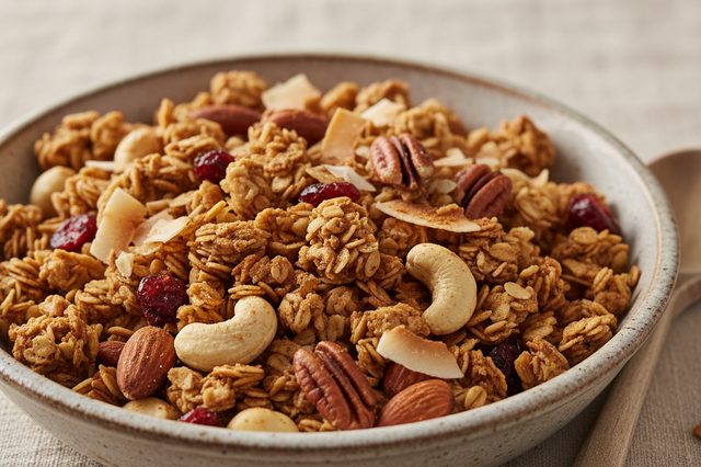 Granola assada com castanhas e frutas secas
