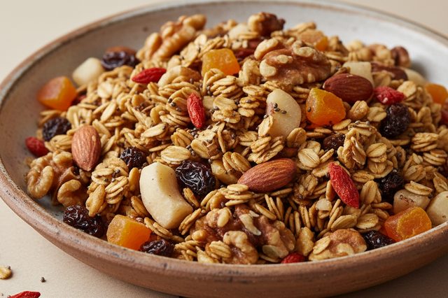 Granola de frigideira com castanhas e frutas secas