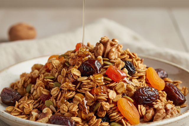 Granola de frigideira com mel e frutas secas