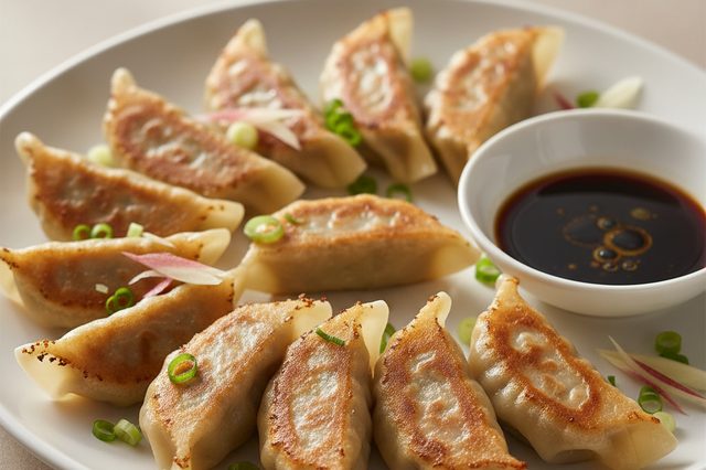 Guioza de carne com gengibre e molho de shoyu