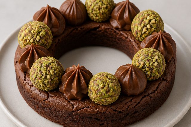 Guirlanda de brownie com brigadeiros de pistache e avelã
