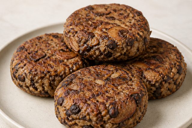 Hambúrguer de arroz integral, feijão preto e cogumelos