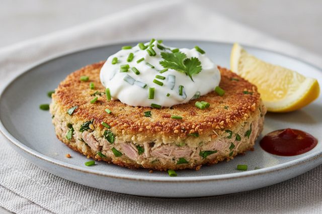 Hambúrguer de atum com ervas e iogurte