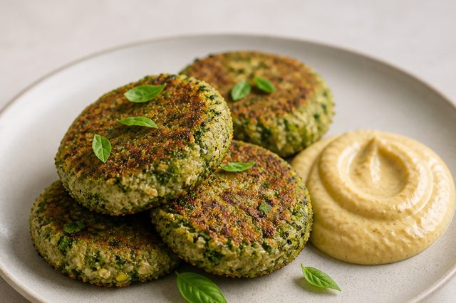 Hambúrguer de brócolis e quinoa com molho de homus