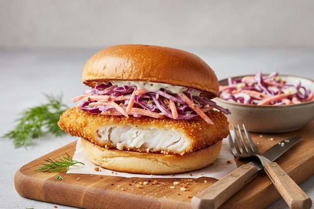 Hambúrguer de dourado com salada de iogurte