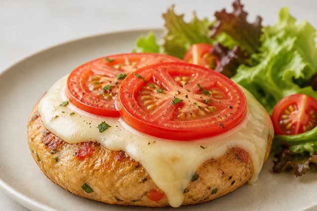 Hambúrguer de frango assado com muçarela e tomate