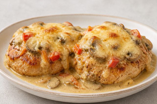 Hambúrguer de frango com molho cremoso de cogumelos gratinado