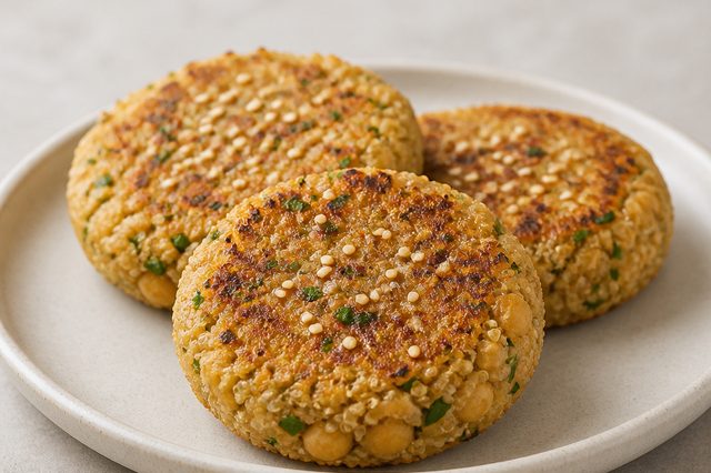 Hambúrguer de grão-de-bico com quinoa e gergelim