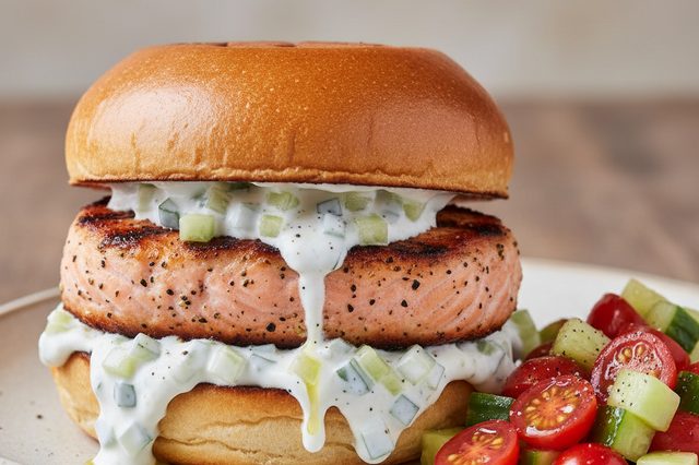 Hambúrguer de salmão com iogurte e pepino