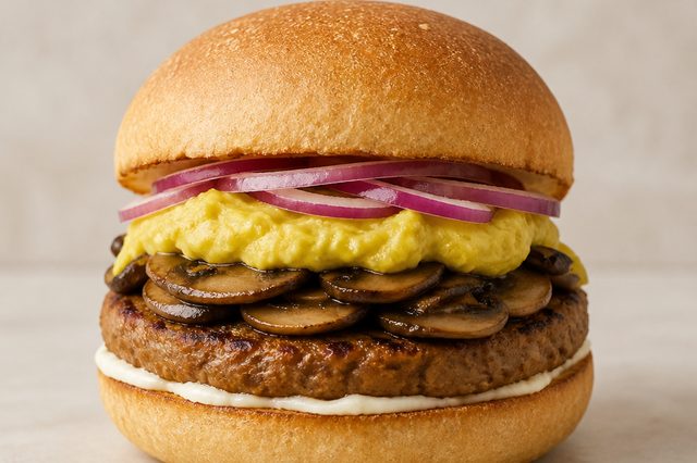 Hambúrguer vegetal com creme de inhame e cogumelos