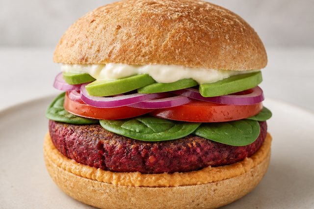 Hambúrgueres veganos de beterraba e soja