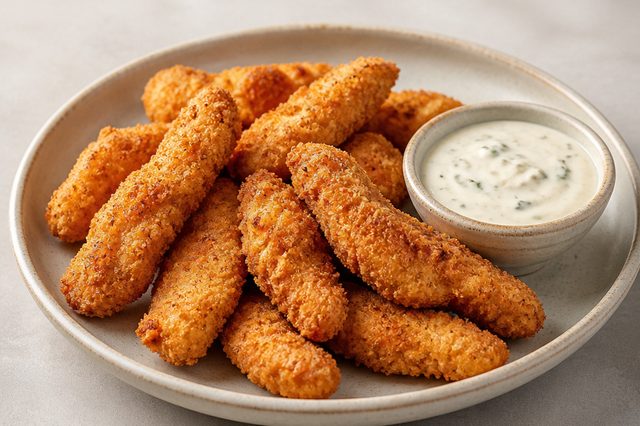 Iscas de frango crocantes com molho de alho