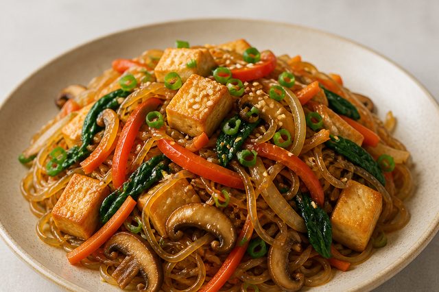 Japchae vegano com tofu e vegetais