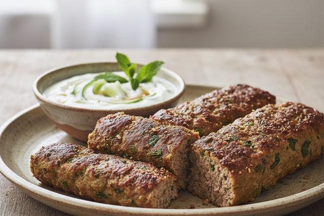 Kafta de tabuleiro com molho de iogurte e pepino