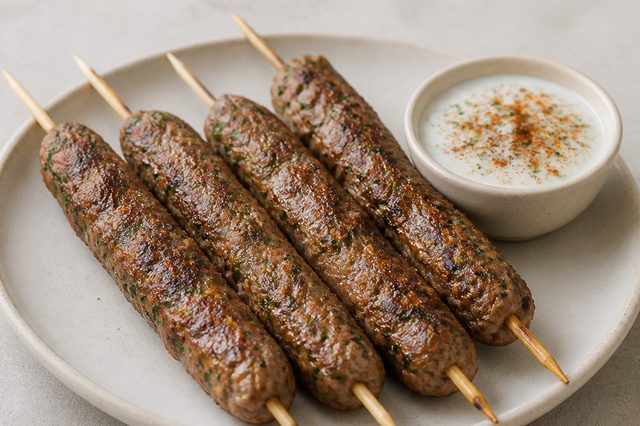 Kafta em espetos com molho de iogurte