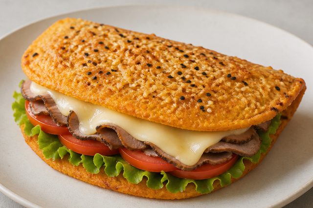 Lanche de cenoura recheado com carne e muçarela