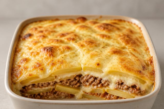 Lasanha de batata com carne e molho bechamel