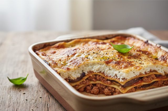 Lasanha de berinjela com carne e cottage