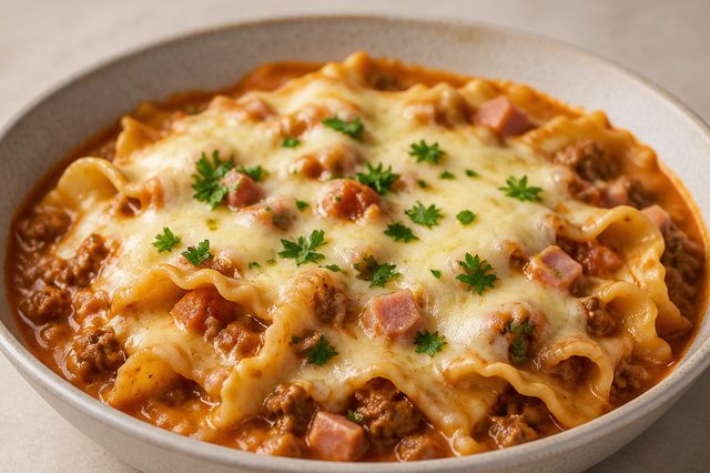 Lasanha de frigideira com patinho e requeijão