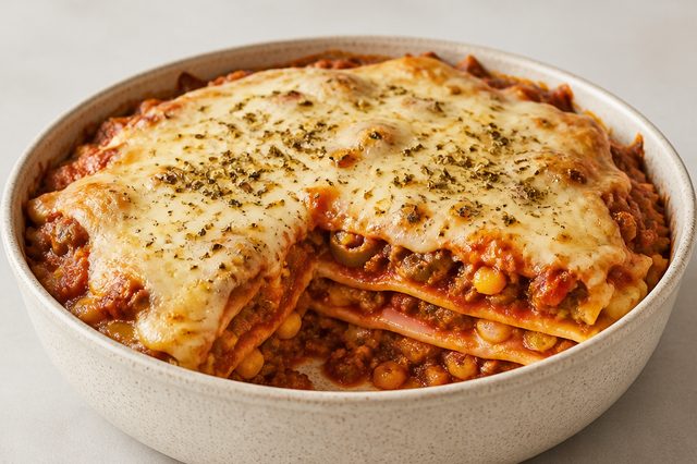 Lasanha de panela com carne moída, presunto e muçarela