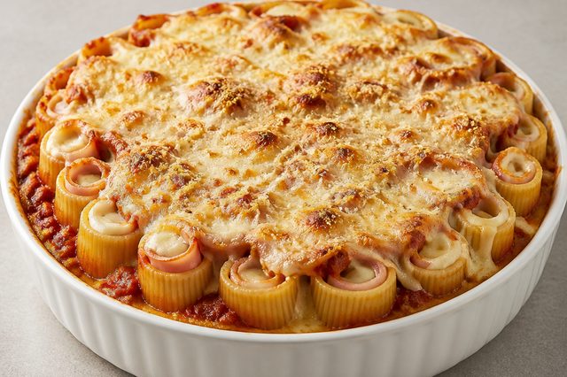 Lasanha de rigatoni em pé com bolonhesa e bechamel
