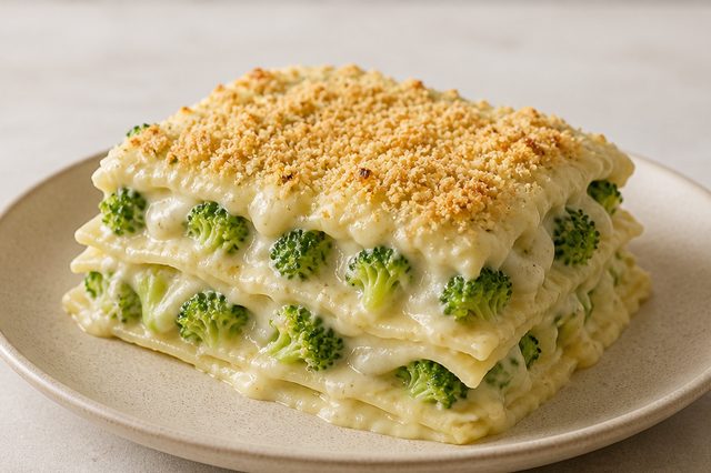 Lasanha vegana de brócolis com bechamel de inhame