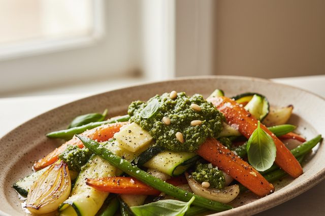 Legumes assados na manteiga com pesto