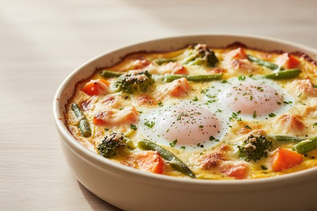 Legumes gratinados com ovos e dois queijos