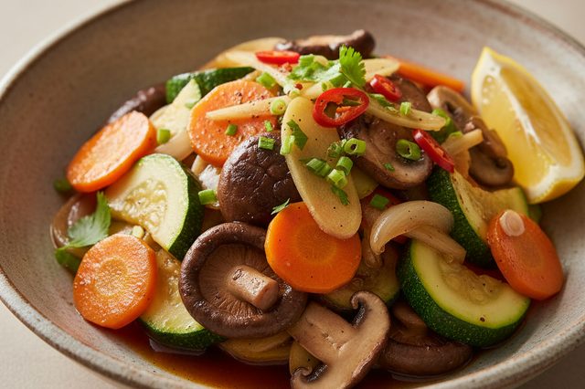 Legumes salteados com cogumelos e saquê