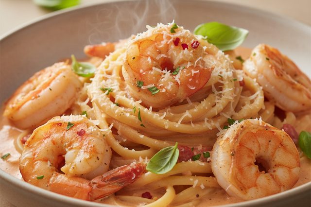 Linguine alla vodka com camarão