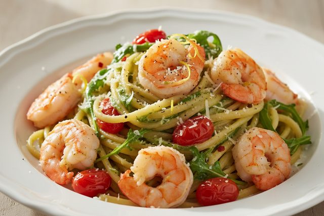 Linguine com camarão e molho cremoso de rúcula