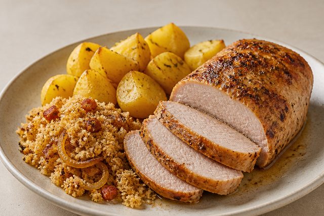 Lombo assado ao vinho com batatas e farofa de cebola