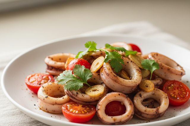 Lula salteada com alho e tomate-cereja