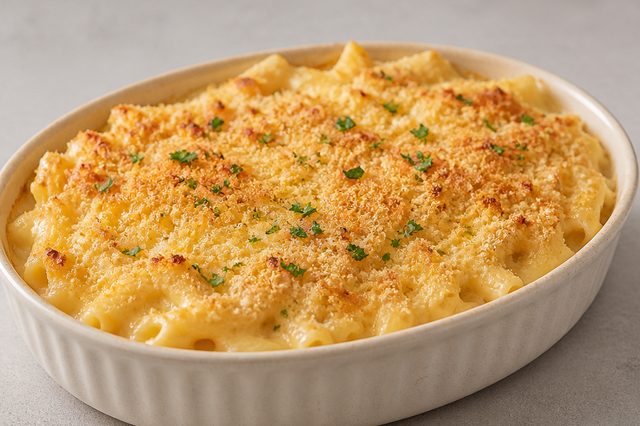 Mac and cheese cremoso gratinado com três queijos