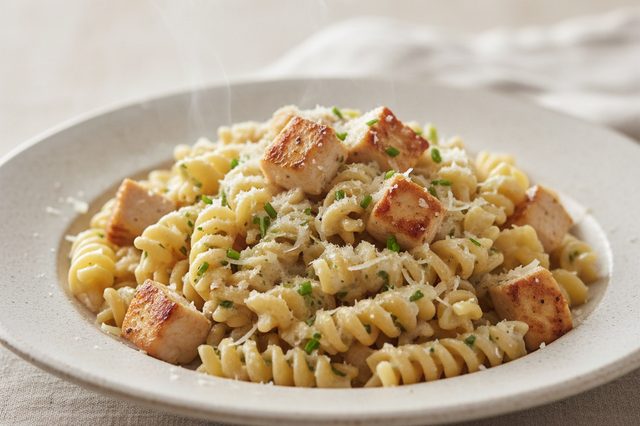 Macarrão ao molho cremoso de frango e vinho