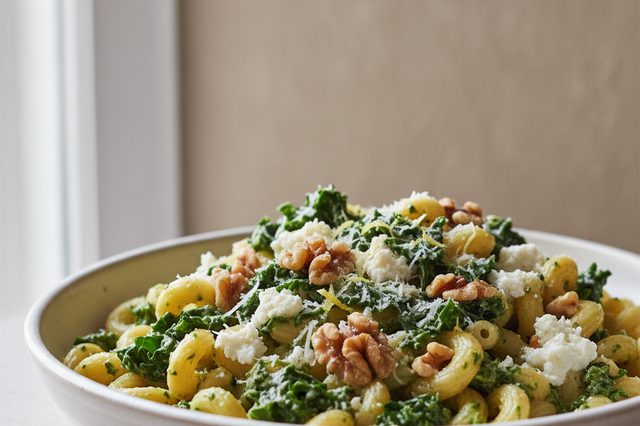 Macarrão ao molho de couve com ricota e nozes