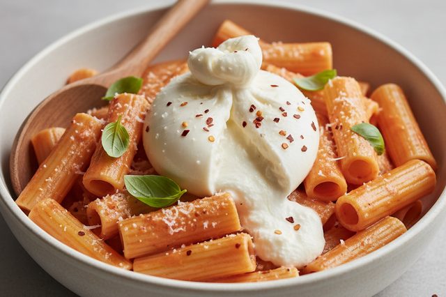 Macarrão ao molho de vodca com burrata