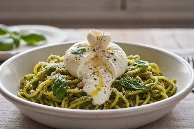 Macarrão ao pesto com burrata