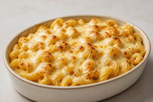 Macarrão caracol com cheddar e cobertura de muçarela
