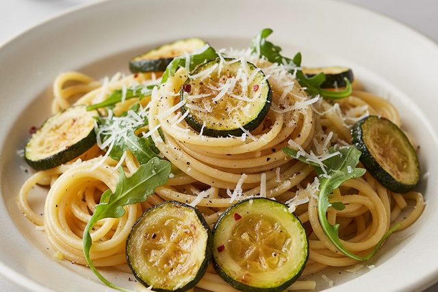 Macarrão com abobrinha dourada e rúcula