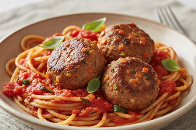 Macarrão com almôndegas de carne e legumes