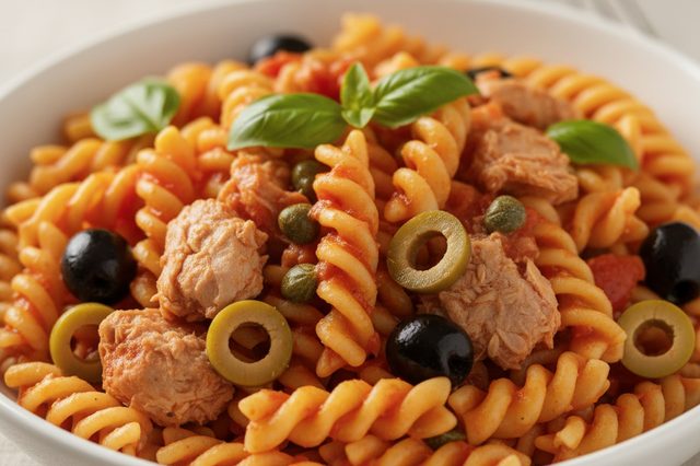 Macarrão com atum azeitona e alcaparras