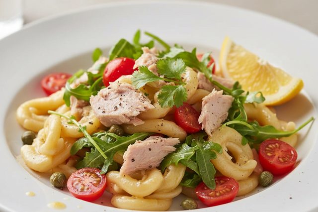 Macarrão com atum rúcula e alcaparras